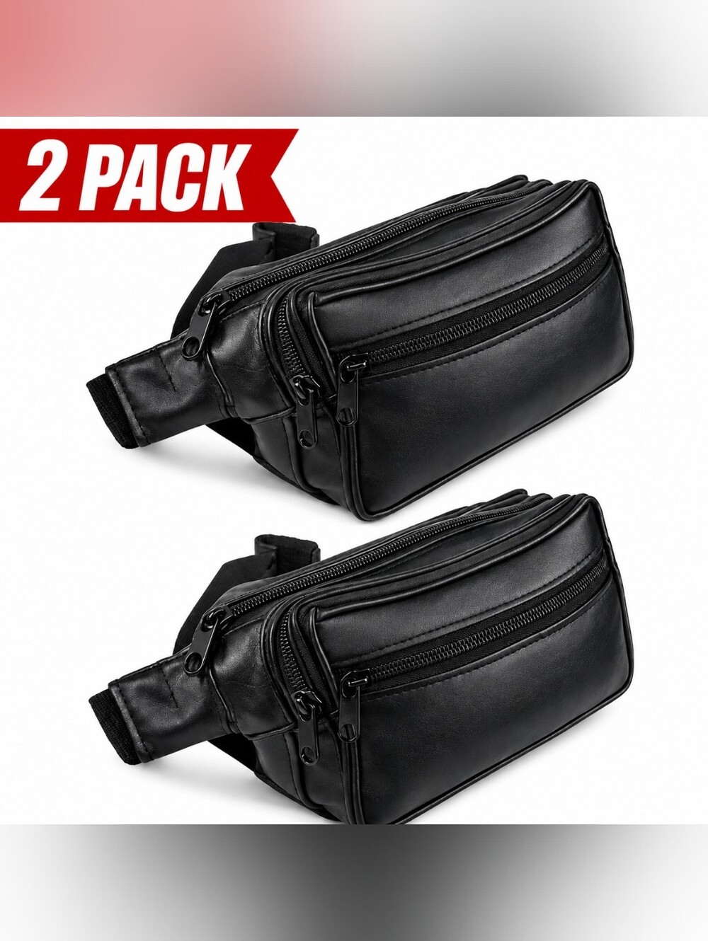 Genuine Leather Black Fanny Pack Multi Zippered Waist Hip Belt Bag Pouch 2 Pack